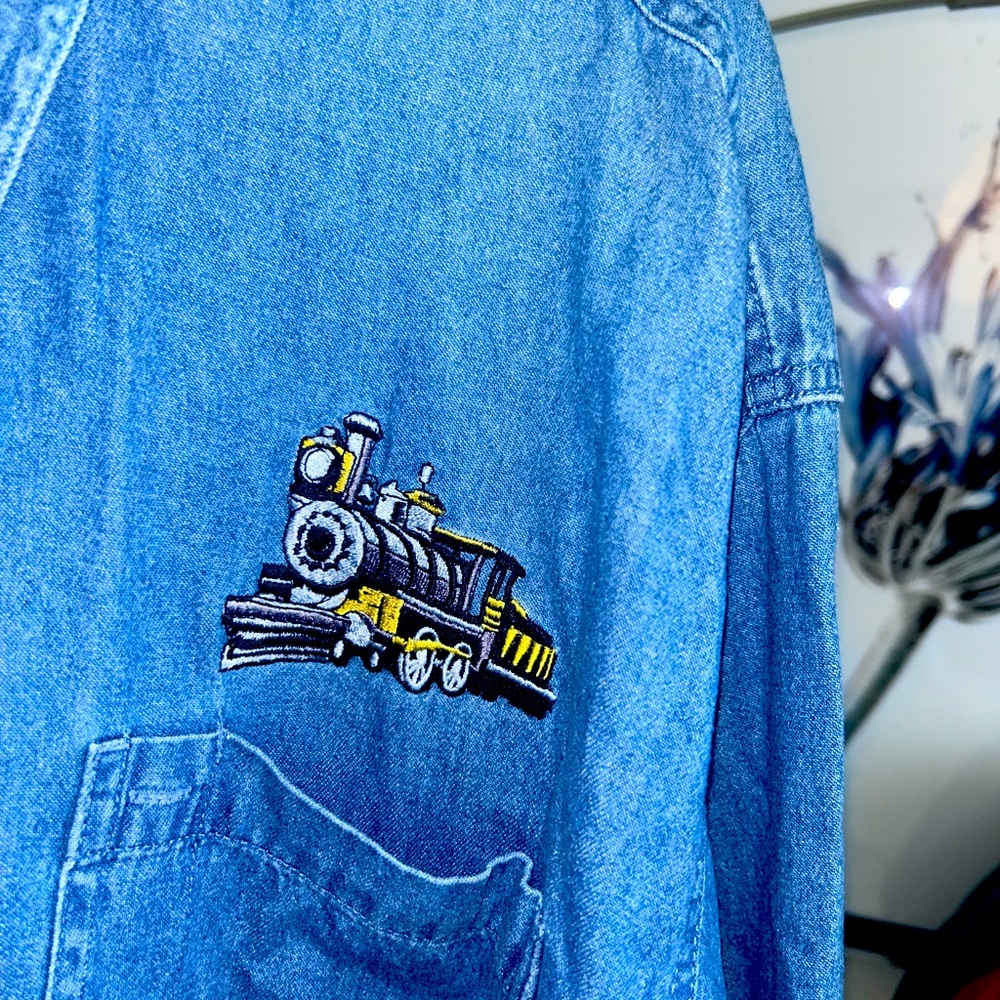 Train monogrammed denim button down